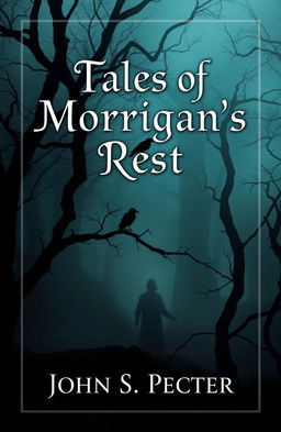 A haunting and atmospheric book cover for 'Tales of Morrigan’s Rest', featuring a misty, dark forest with twisted trees and a faint silhouette of a raven perched ominously on a branch