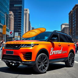 A sleek and modern SUV featuring a unique bread logo prominently displayed on its hood