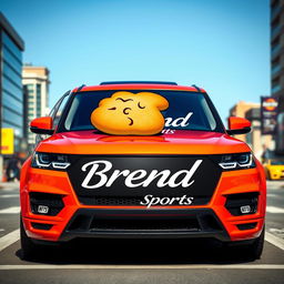 A sleek and modern SUV featuring a unique bread logo prominently displayed on its hood