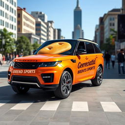 A sleek and modern SUV featuring a unique bread logo prominently displayed on its hood