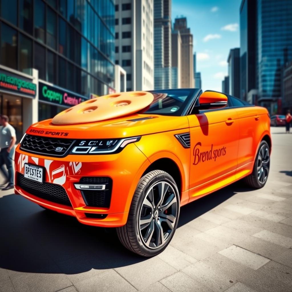 A sleek and modern SUV featuring a unique bread logo prominently displayed on its hood