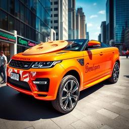 A sleek and modern SUV featuring a unique bread logo prominently displayed on its hood