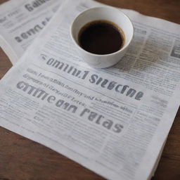 Closeup of a newspaper opened to the headline page with a cup of coffee and glasses on a wooden table.