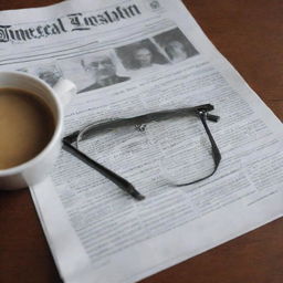 Closeup of a newspaper opened to the headline page with a cup of coffee and glasses on a wooden table.