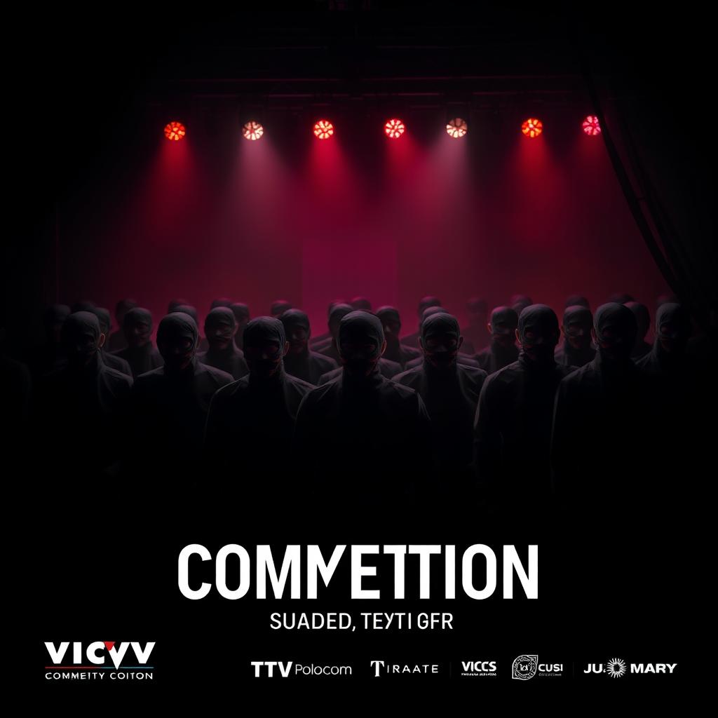 A visually striking and minimalist poster for a TV competition show featuring participants dressed in identical black outfits and masks, blending into the shadows