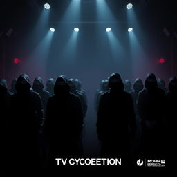 A visually striking and minimalist poster for a TV competition show featuring participants dressed in identical black outfits and masks, blending into the shadows