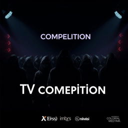 A visually striking and minimalist poster for a TV competition show featuring participants dressed in identical black outfits and masks, blending into the shadows