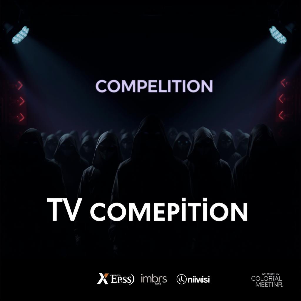 A visually striking and minimalist poster for a TV competition show featuring participants dressed in identical black outfits and masks, blending into the shadows