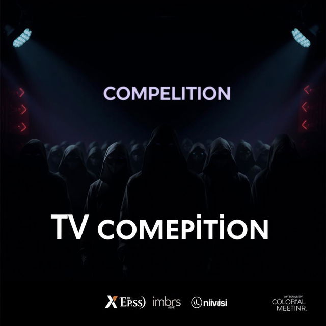 A visually striking and minimalist poster for a TV competition show featuring participants dressed in identical black outfits and masks, blending into the shadows