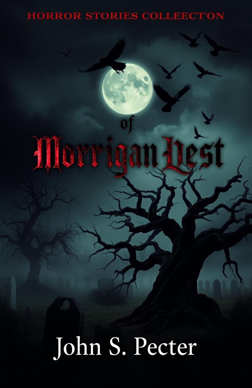 A chilling and atmospheric book cover for a horror stories collection titled "Tales of Morrigan’s Rest" by John S