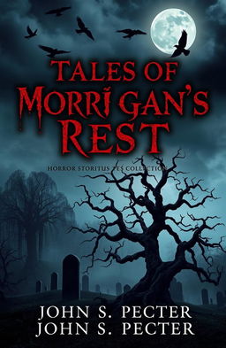 A chilling and atmospheric book cover for a horror stories collection titled "Tales of Morrigan’s Rest" by John S