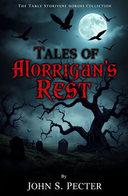 A chilling and atmospheric book cover for a horror stories collection titled "Tales of Morrigan’s Rest" by John S