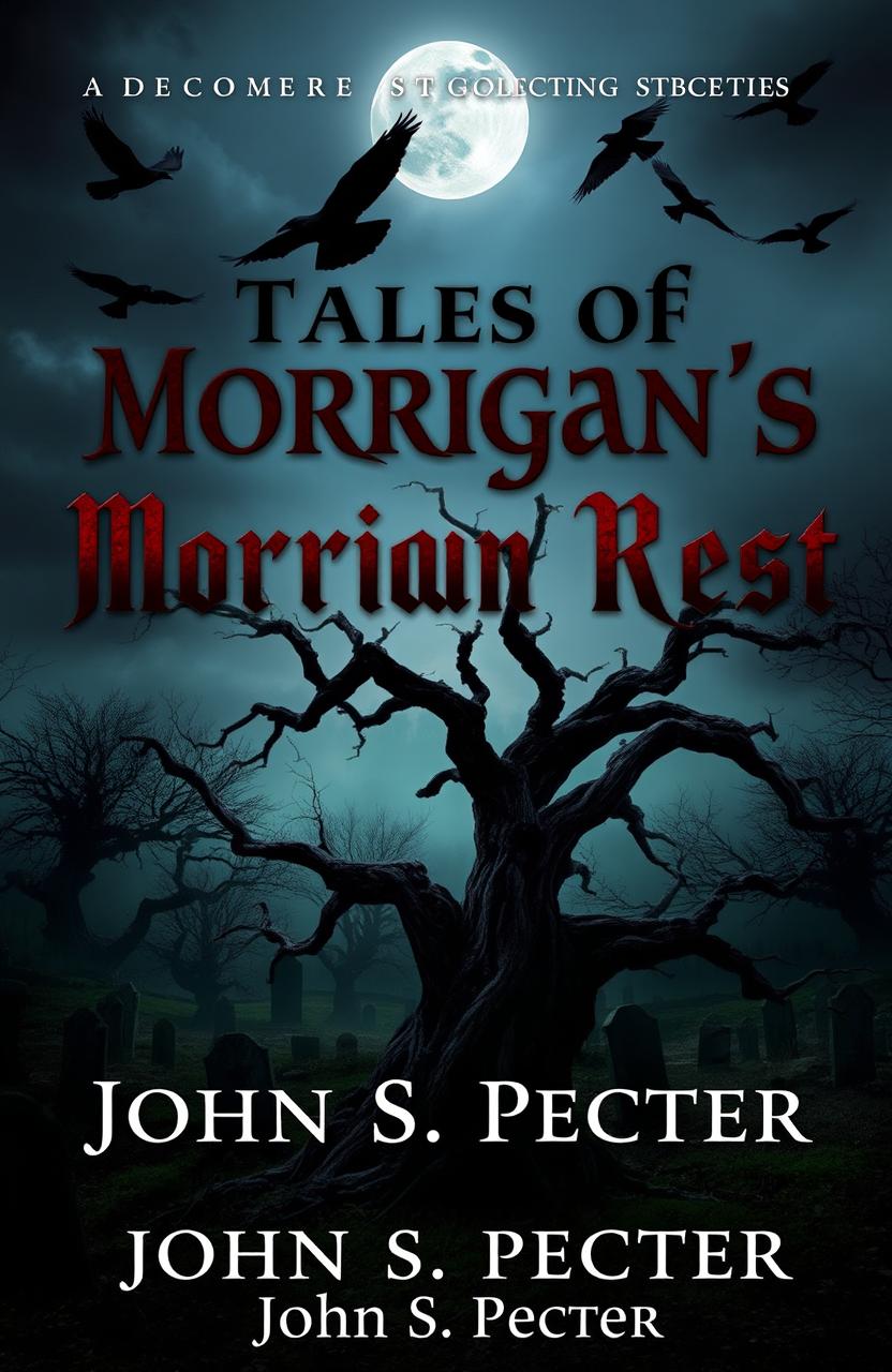 A chilling and atmospheric book cover for a horror stories collection titled "Tales of Morrigan’s Rest" by John S