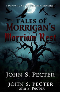 A chilling and atmospheric book cover for a horror stories collection titled "Tales of Morrigan’s Rest" by John S