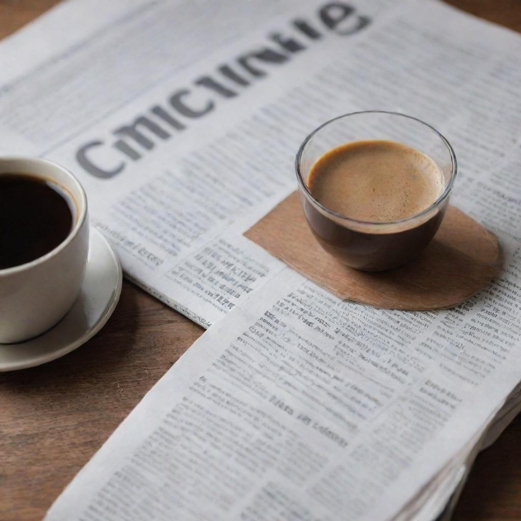 Closeup of a newspaper opened to the headline page with a cup of coffee and glasses on a wooden table.