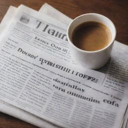 Closeup of a newspaper opened to the headline page with a cup of coffee and glasses on a wooden table.