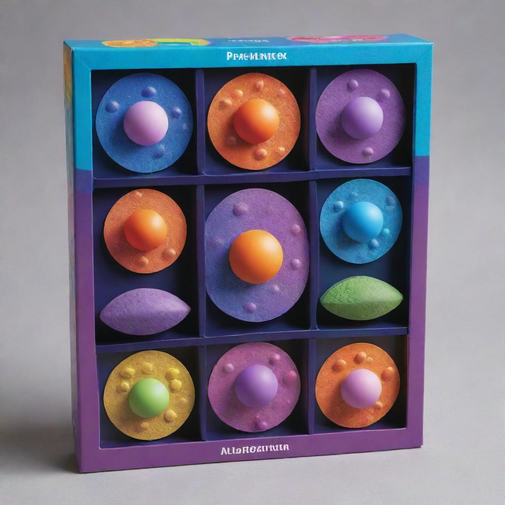 A dynamic and vibrant game box design featuring various mitotic phases portrayed by playful, animated cells in different stages of division. The cells are interactively smiling or engaged in fun activities, all represented in a radiant spectrum of colors.