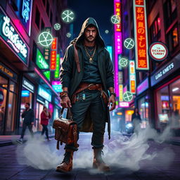 An urban sorcerer standing in a vibrant city street at night, surrounded by magical glowing symbols and runes in the air