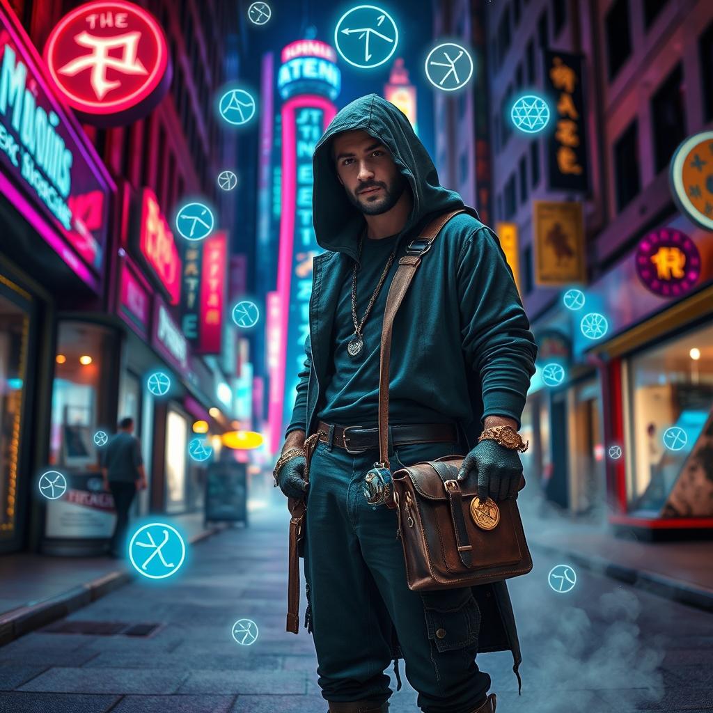 An urban sorcerer standing in a vibrant city street at night, surrounded by magical glowing symbols and runes in the air