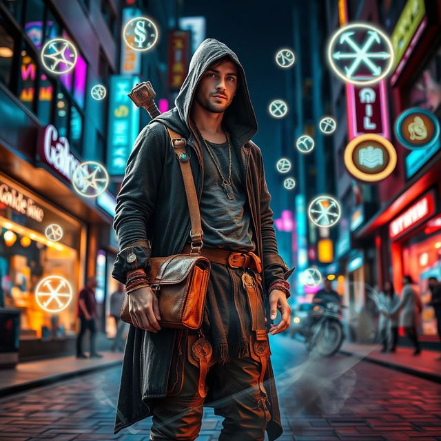 An urban sorcerer standing in a vibrant city street at night, surrounded by magical glowing symbols and runes in the air