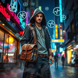 An urban sorcerer standing in a vibrant city street at night, surrounded by magical glowing symbols and runes in the air