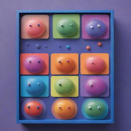 A dynamic and vibrant game box design featuring various mitotic phases portrayed by playful, animated cells in different stages of division. The cells are interactively smiling or engaged in fun activities, all represented in a radiant spectrum of colors.