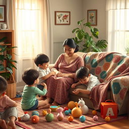 A warm, cozy living room setting depicting motherly themes, with a nurturing mother figure surrounded by children playing, whimsical toys scattered around, a gentle smile on her face, soft natural light streaming through the window, a lush houseplant in the corner, and a colorful quilt draped over the sofa