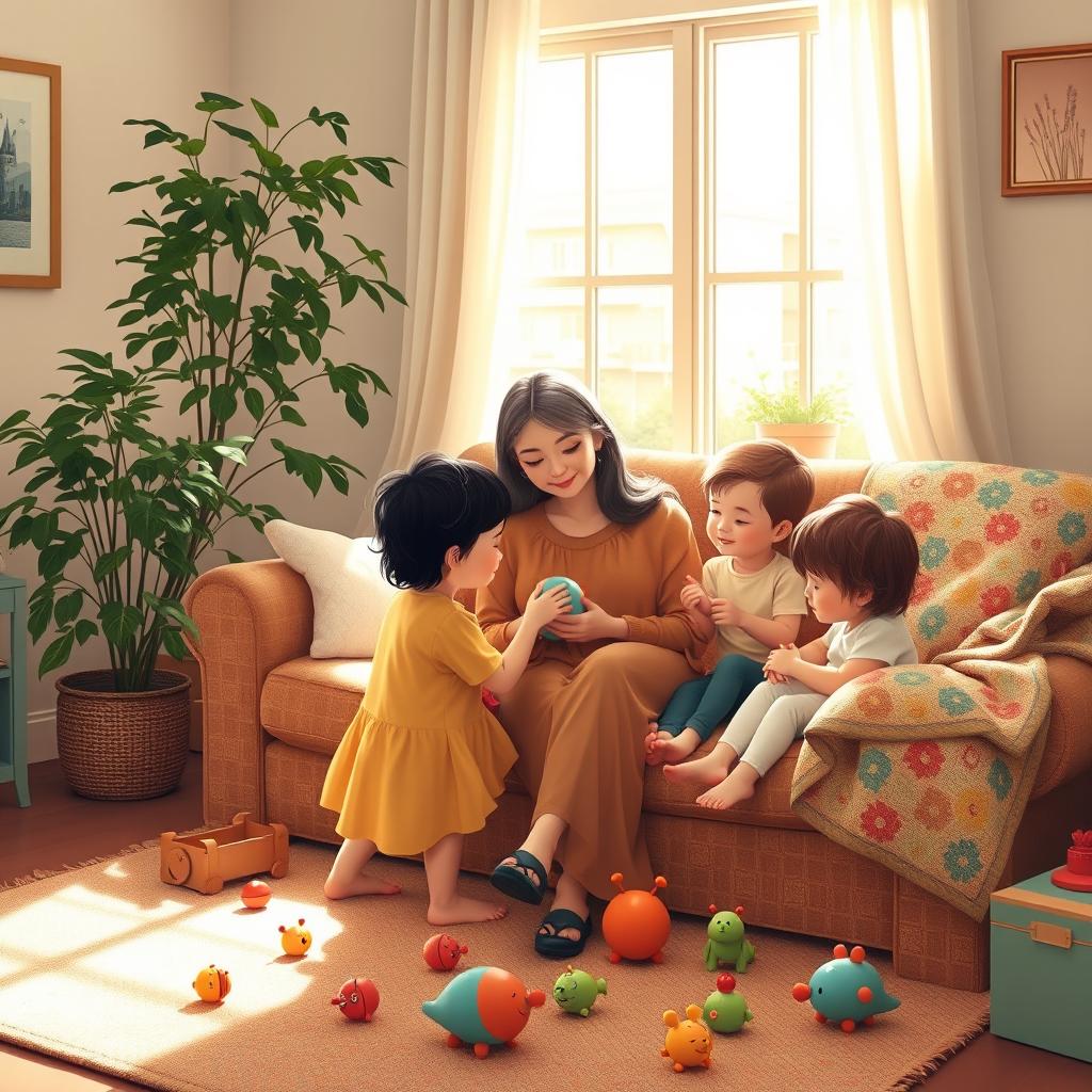 A warm, cozy living room setting depicting motherly themes, with a nurturing mother figure surrounded by children playing, whimsical toys scattered around, a gentle smile on her face, soft natural light streaming through the window, a lush houseplant in the corner, and a colorful quilt draped over the sofa