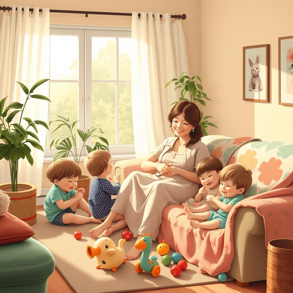 A warm, cozy living room setting depicting motherly themes, with a nurturing mother figure surrounded by children playing, whimsical toys scattered around, a gentle smile on her face, soft natural light streaming through the window, a lush houseplant in the corner, and a colorful quilt draped over the sofa