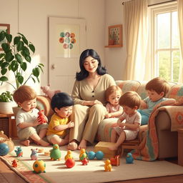 A warm, cozy living room setting depicting motherly themes, with a nurturing mother figure surrounded by children playing, whimsical toys scattered around, a gentle smile on her face, soft natural light streaming through the window, a lush houseplant in the corner, and a colorful quilt draped over the sofa