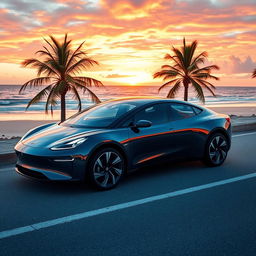 A sleek and attractive glass electric car parked on a scenic coastal drive, showcasing its futuristic design with smooth curves and a glossy transparent body that reveals high-tech features inside