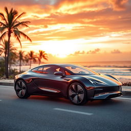 A sleek and attractive glass electric car parked on a scenic coastal drive, showcasing its futuristic design with smooth curves and a glossy transparent body that reveals high-tech features inside