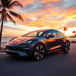 A sleek and attractive glass electric car parked on a scenic coastal drive, showcasing its futuristic design with smooth curves and a glossy transparent body that reveals high-tech features inside