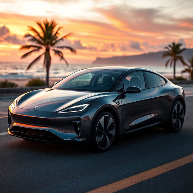 A sleek and attractive glass electric car parked on a scenic coastal drive, showcasing its futuristic design with smooth curves and a glossy transparent body that reveals high-tech features inside