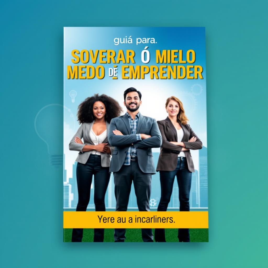 A visually striking eBook cover design for 'Guia para Superar o Medo de Empreender', featuring an inspiring scene of a diverse group of entrepreneurs standing confidently in front of a city skyline