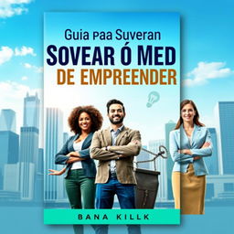 A visually striking eBook cover design for 'Guia para Superar o Medo de Empreender', featuring an inspiring scene of a diverse group of entrepreneurs standing confidently in front of a city skyline