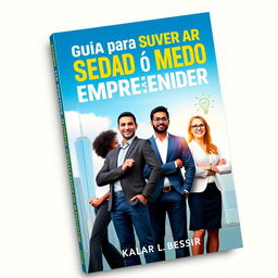 A visually striking eBook cover design for 'Guia para Superar o Medo de Empreender', featuring an inspiring scene of a diverse group of entrepreneurs standing confidently in front of a city skyline