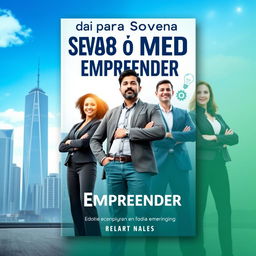 A visually striking eBook cover design for 'Guia para Superar o Medo de Empreender', featuring an inspiring scene of a diverse group of entrepreneurs standing confidently in front of a city skyline