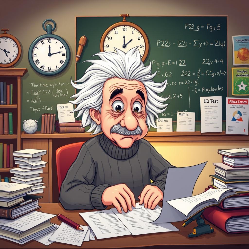 A humorous illustration of Albert Einstein sitting at a desk, focused intently on taking an IQ test