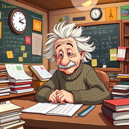 A humorous illustration of Albert Einstein sitting at a desk, focused intently on taking an IQ test