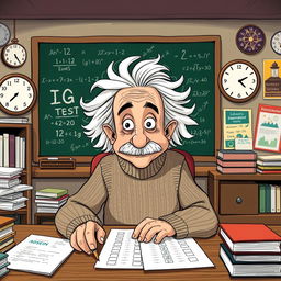 A humorous illustration of Albert Einstein sitting at a desk, focused intently on taking an IQ test