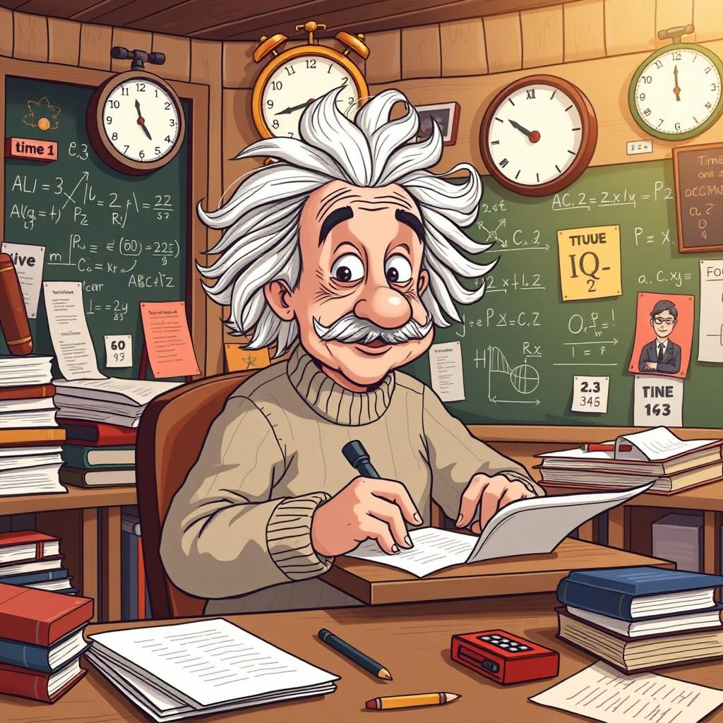 A humorous illustration of Albert Einstein sitting at a desk, focused intently on taking an IQ test