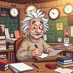 A humorous illustration of Albert Einstein sitting at a desk, focused intently on taking an IQ test