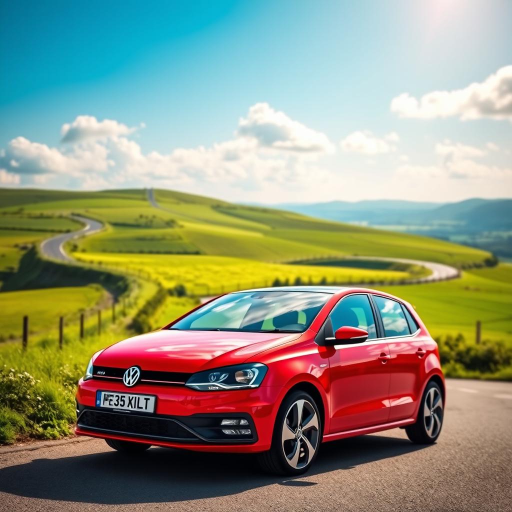 A vibrant red Volkswagen Polo 6N2 GTI parked against a scenic backdrop of a winding country road