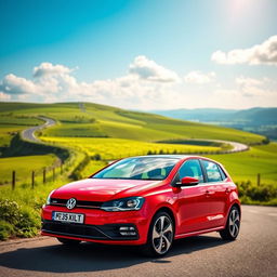 A vibrant red Volkswagen Polo 6N2 GTI parked against a scenic backdrop of a winding country road