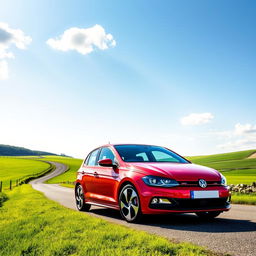 A vibrant red Volkswagen Polo 6N2 GTI parked against a scenic backdrop of a winding country road