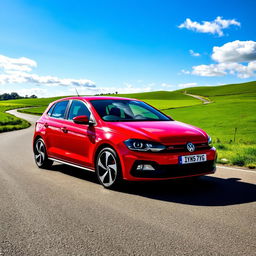 A vibrant red Volkswagen Polo 6N2 GTI parked against a scenic backdrop of a winding country road