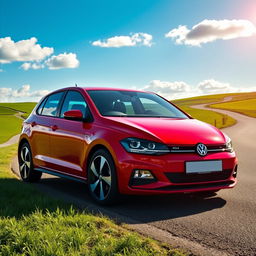 A vibrant red Volkswagen Polo 6N2 GTI parked against a scenic backdrop of a winding country road