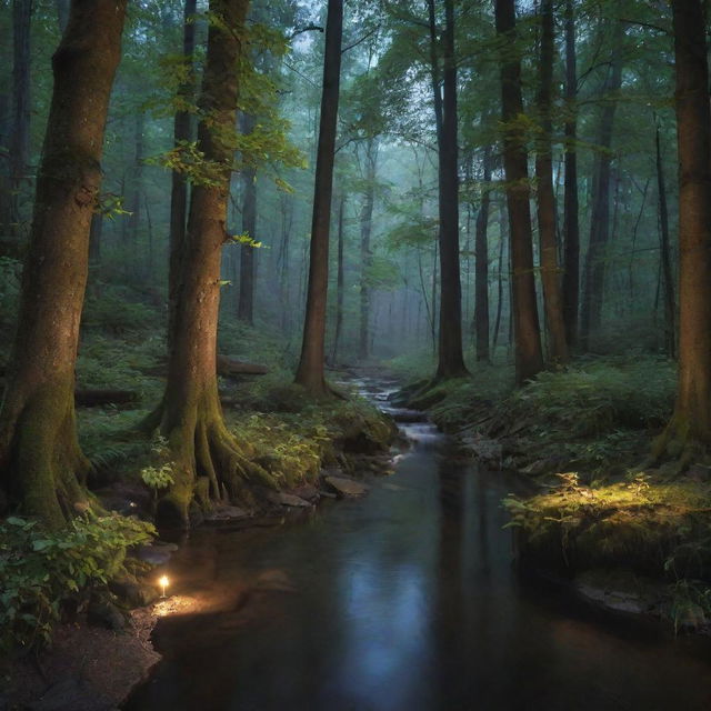 An enchanting moonlit forest, with a trickling crystal clear stream, towering ancient trees, and the soft glow of fireflies illuminating the peaceful night.