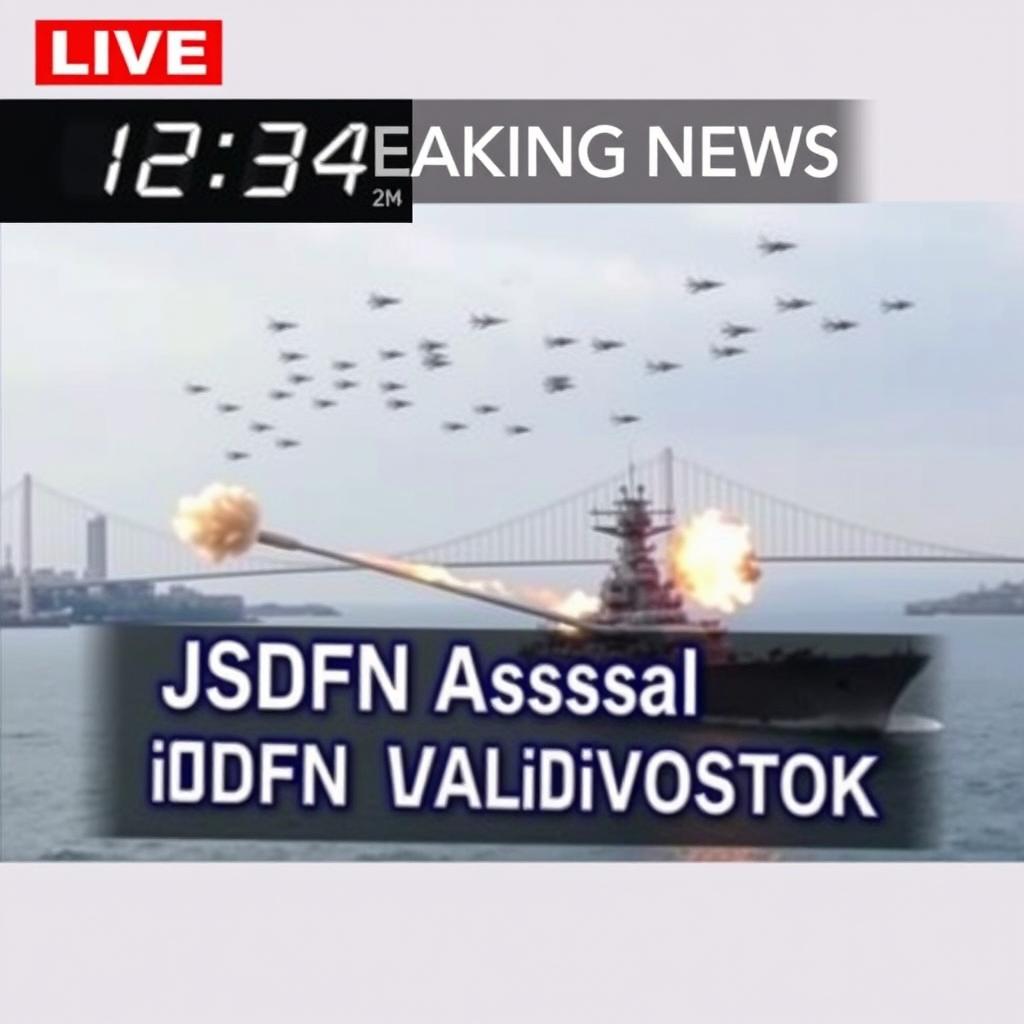 A visually gripping 'LIVE Breaking News' broadcast from the Westminster Times Channel, featuring a prominent inscription in white letters outlined with blue highlights stating: 'JSDFN Assault Vladivostok